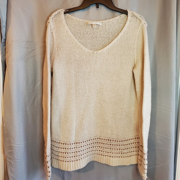 Womens‎ Cream Knit Sweater V-Neck Long Sleeve Hem Boho Style Lauren Conrad L - Picture 1 of 5